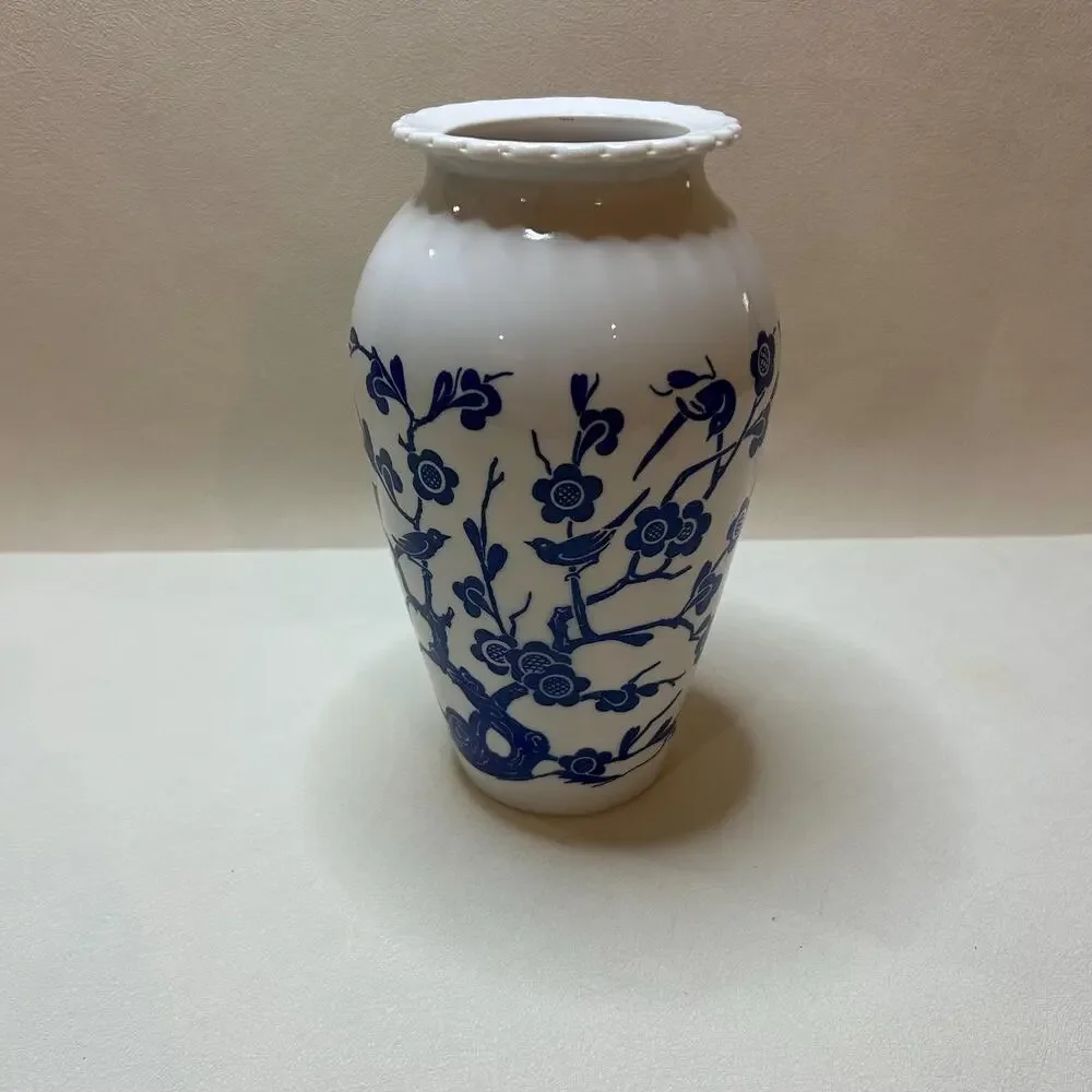 Vintage Blue and White Porcelain Bird and Floral Vase, Chinoiserie